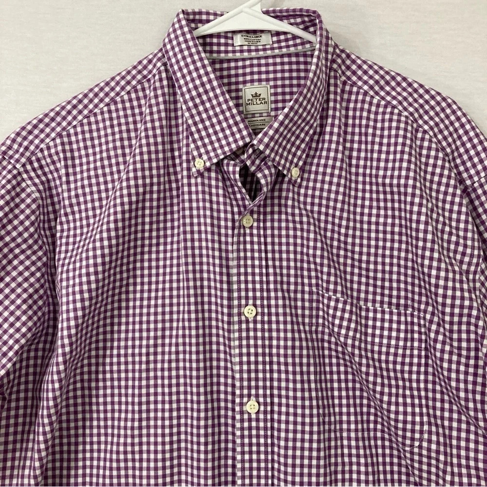 Peter Millar Purple White Gingham Nanoluxe Cotton Long Sleeve Button Down XL - Picture 3 of 9
